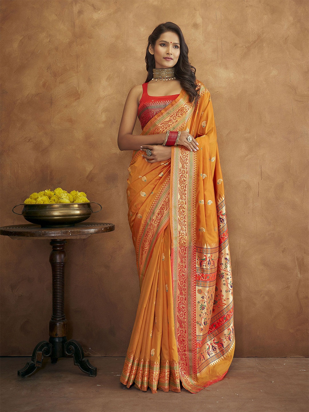 

Blissta Woven Design Silk Blend Paithani Saree, Orange