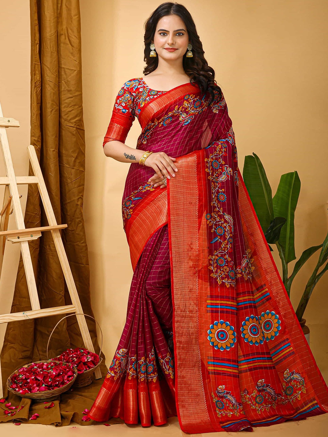 

V3 FASHION STUDIO Ethnic Motifs Zari Art Silk Saree, Red