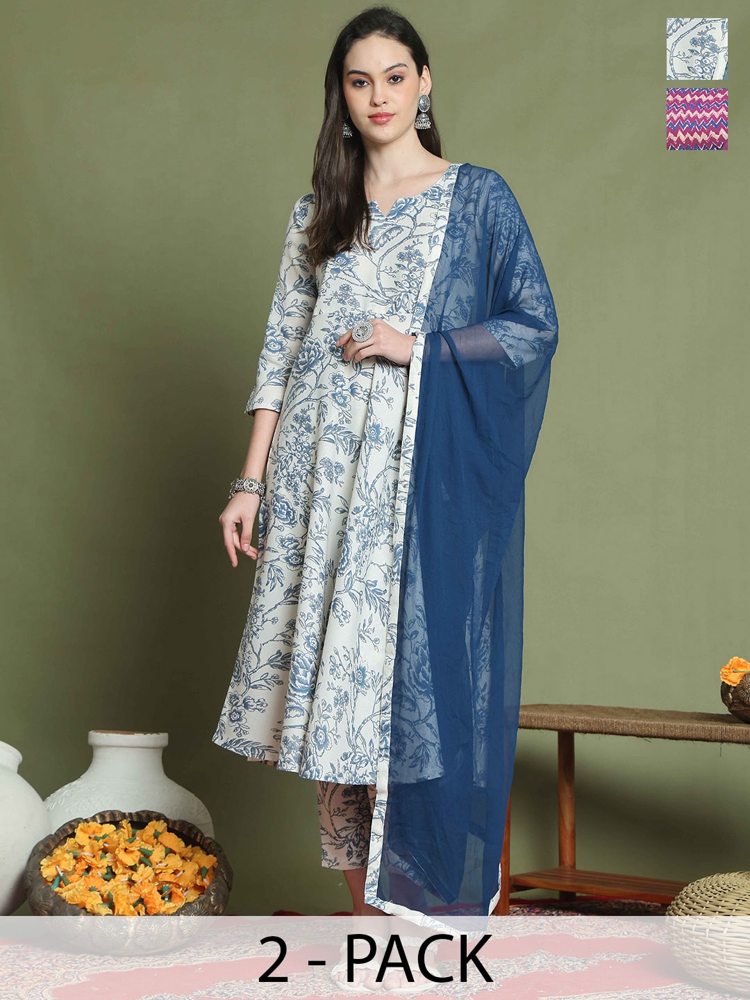 

KALINI Women Floral Printed Regular Kurta with Trousers & With Dupatta, Off white