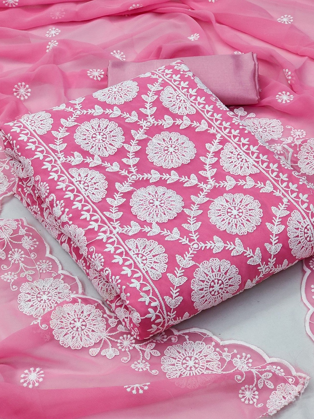 

Rangtulika Floral Embroidered Unstitched Dress Material, Pink