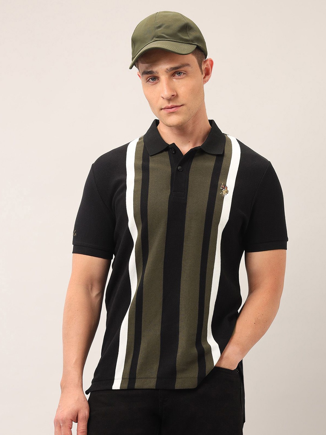 

U.S. Polo Assn. Denim Co. Men Brand Logo Striped Polo Collar Pockets Slim Fit T-shirt, Black