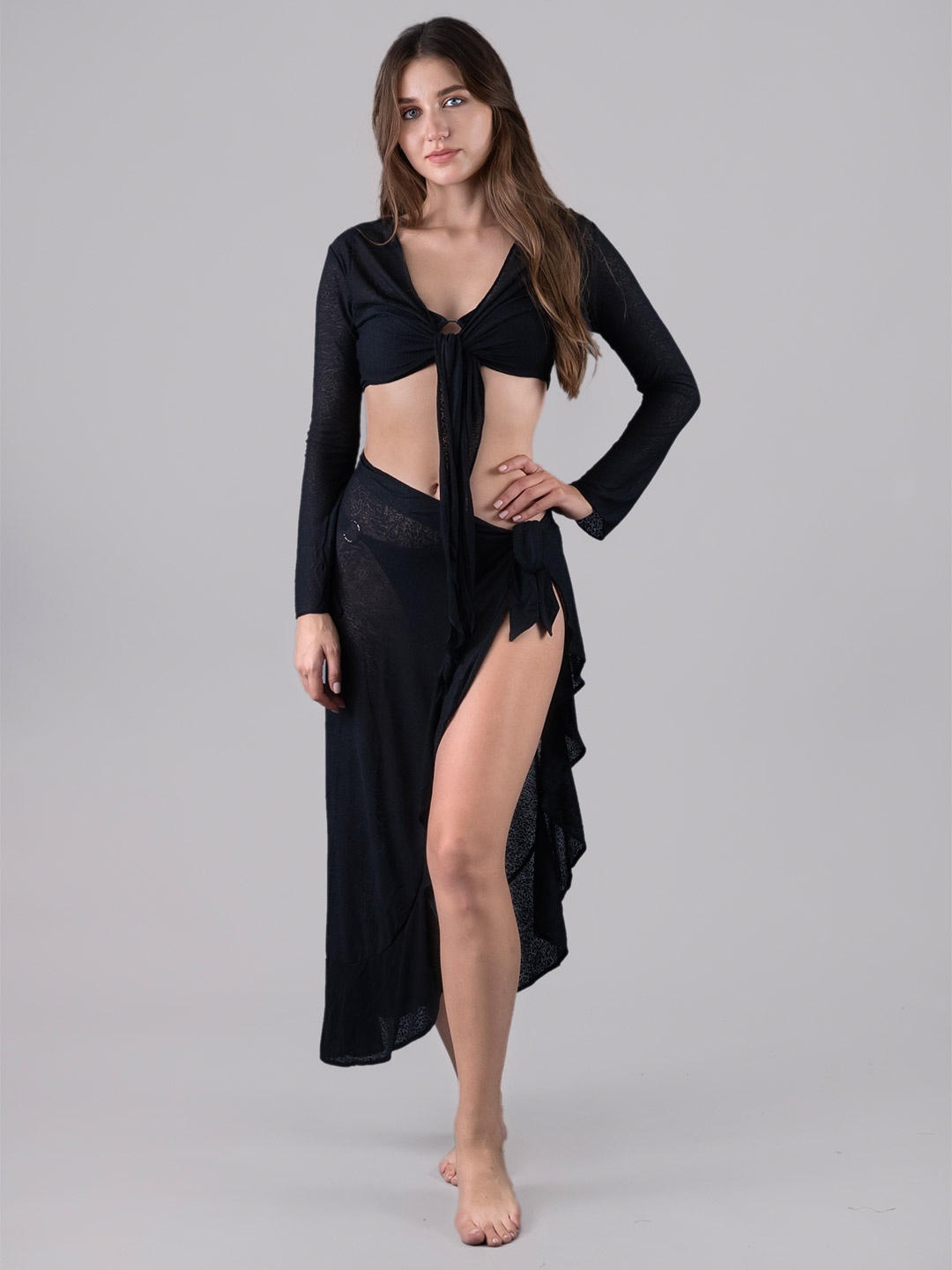 

Keepfit Long Sleeves Knot Top With Skirt Swim Cover Up Set, Black