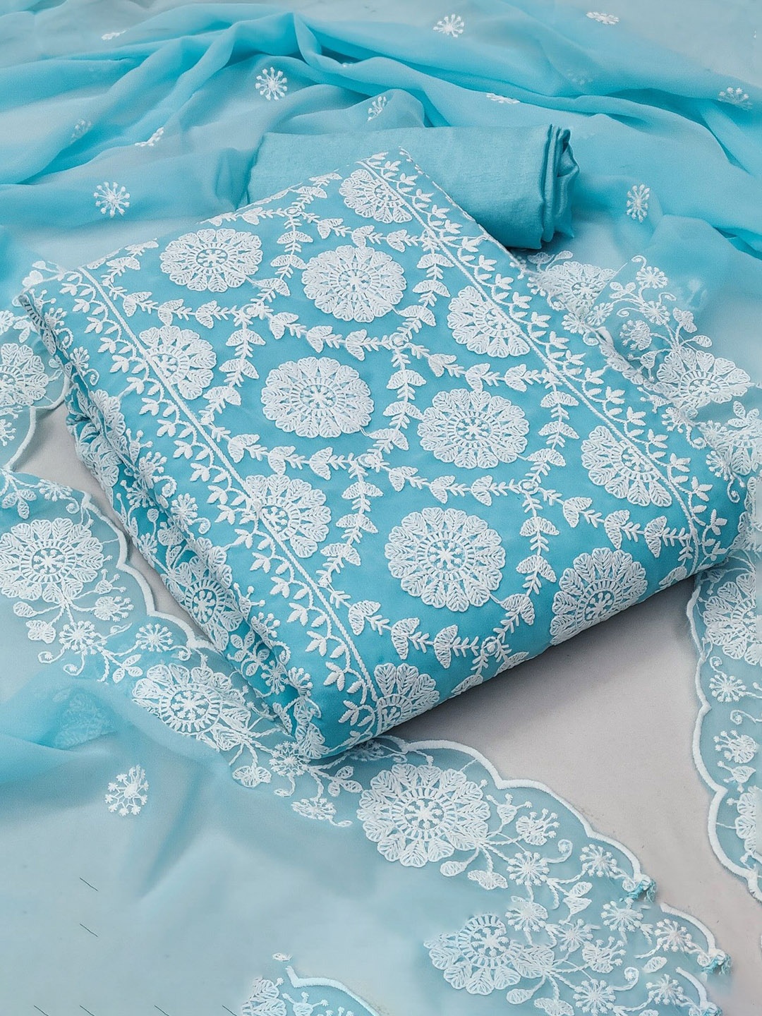 

Rangtulika Floral Embroidered Unstitched Dress Material, Blue
