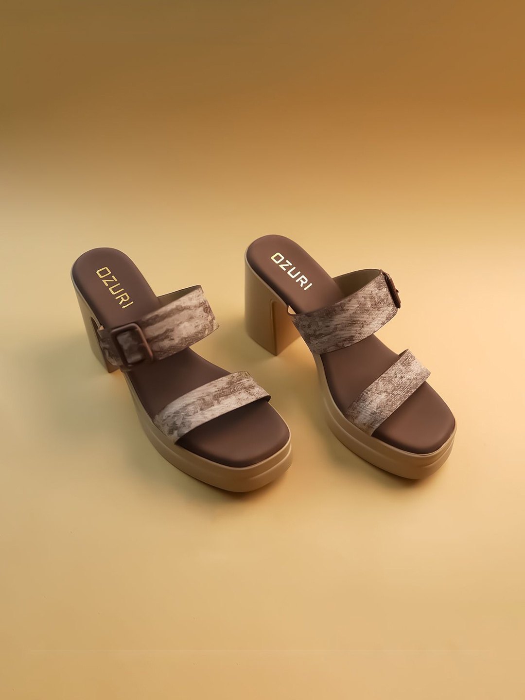 

Ozuri Printed Block Sandals with Buckles, Brown