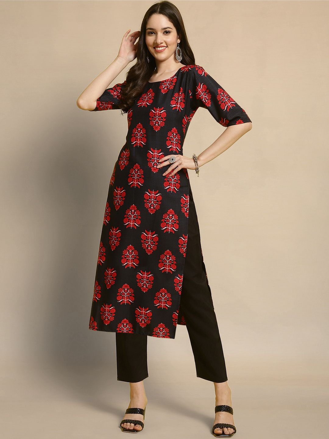 

Moda Rapido Ethnic Motifs Printed Round Neck Straight Kurta With Trousers, Black