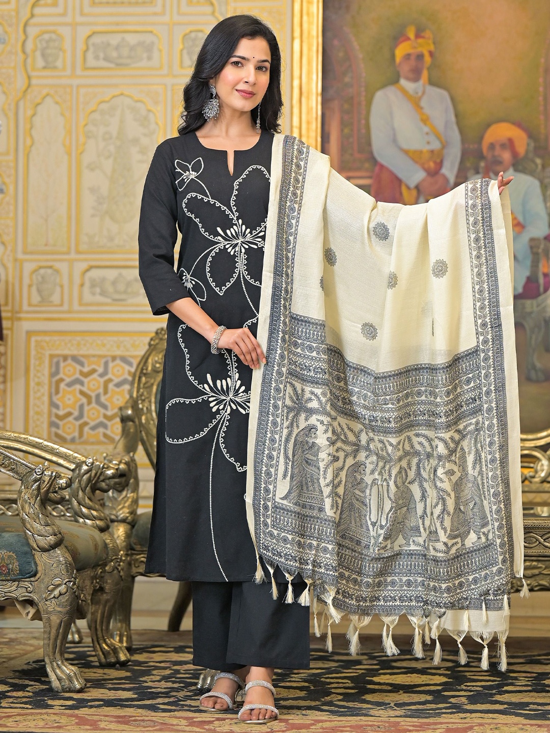 

The Hope Embroidered Pure Cotton Kurta With Trousers & Dupatta, Black
