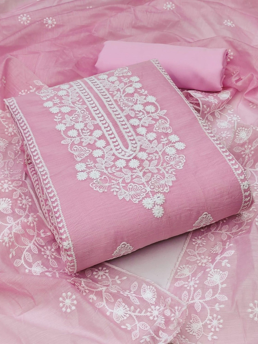 

Rangtulika Floral Embroidered Unstitched Dress Material, Pink