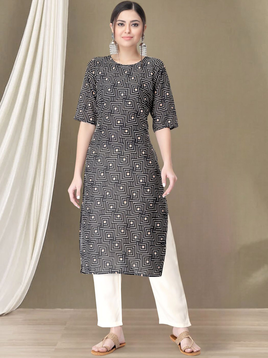 

Moda Rapido Geometric Printed Round Neck Straight Kurta With Trouser, Black