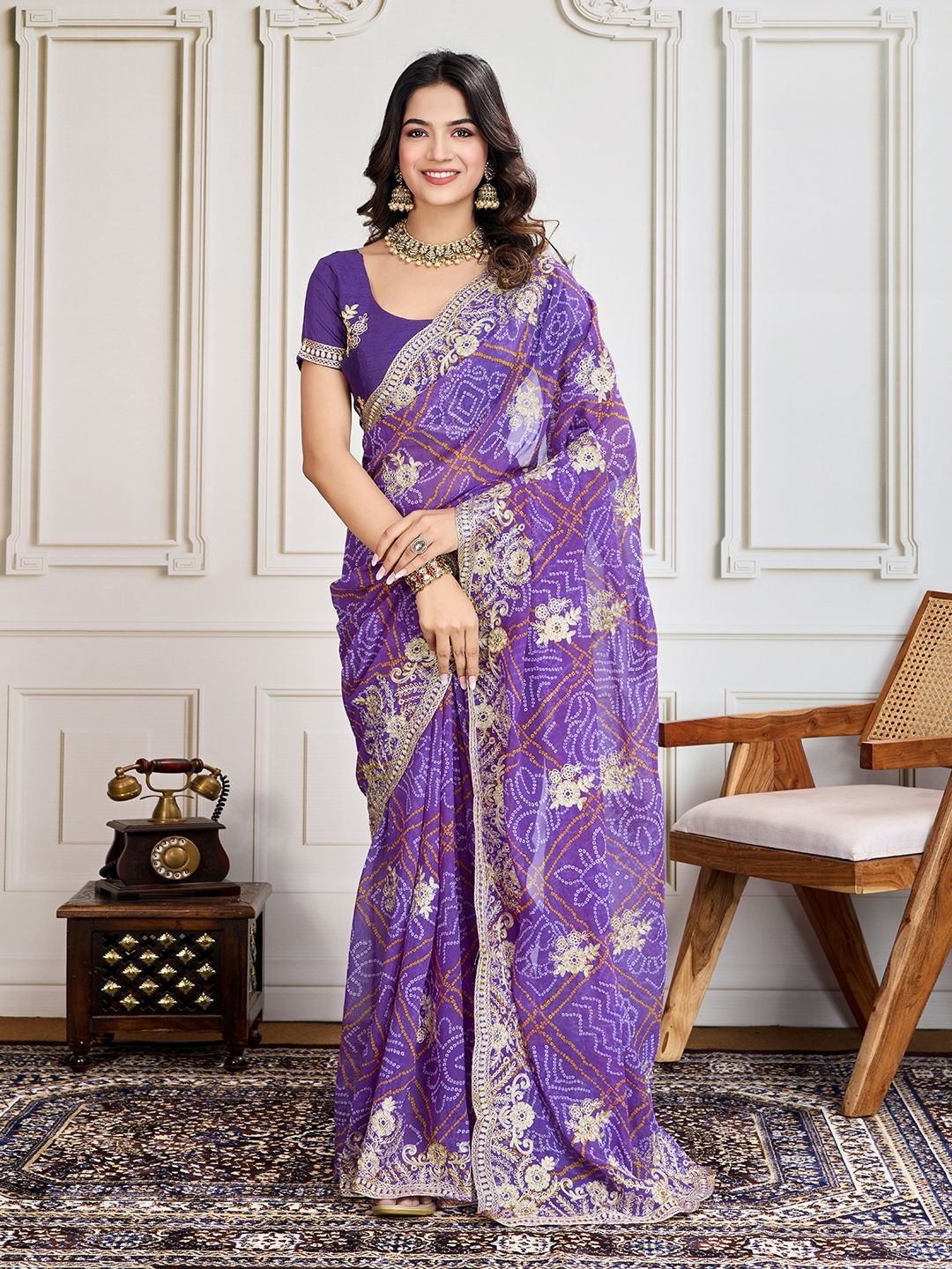 

House of Pataudi Svarra Bandhani Printed With Embroidered Saree With Unstitched Blouse, Purple