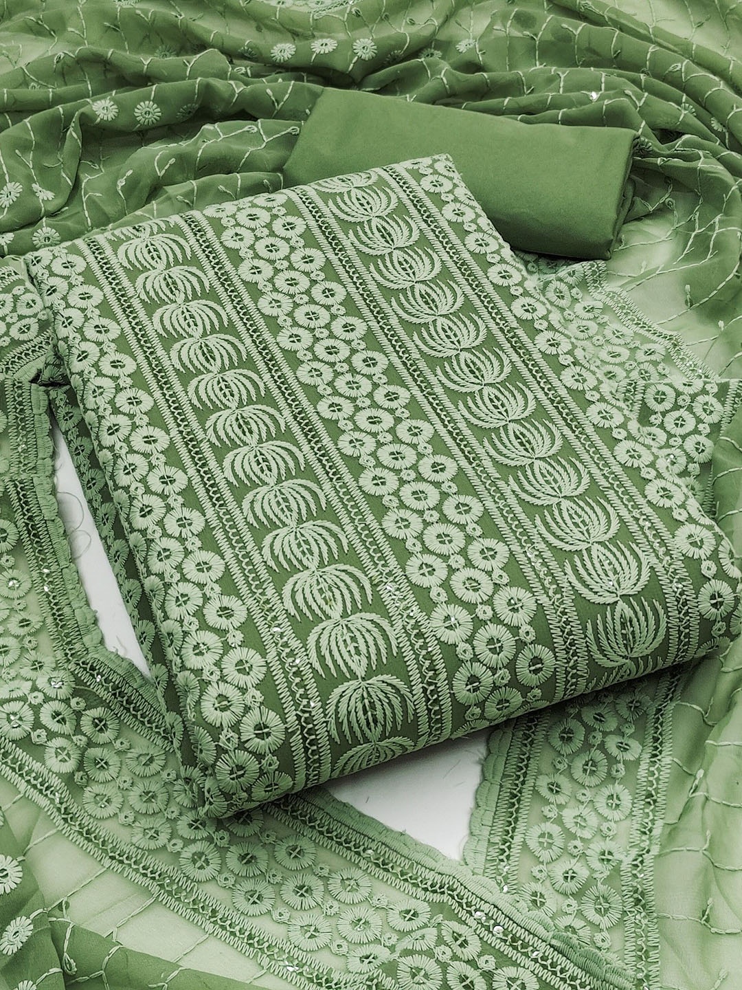 

Rangtulika Ethnics Geometric Embroidered Sequinned Georgette Unstitched Dress Material, Green