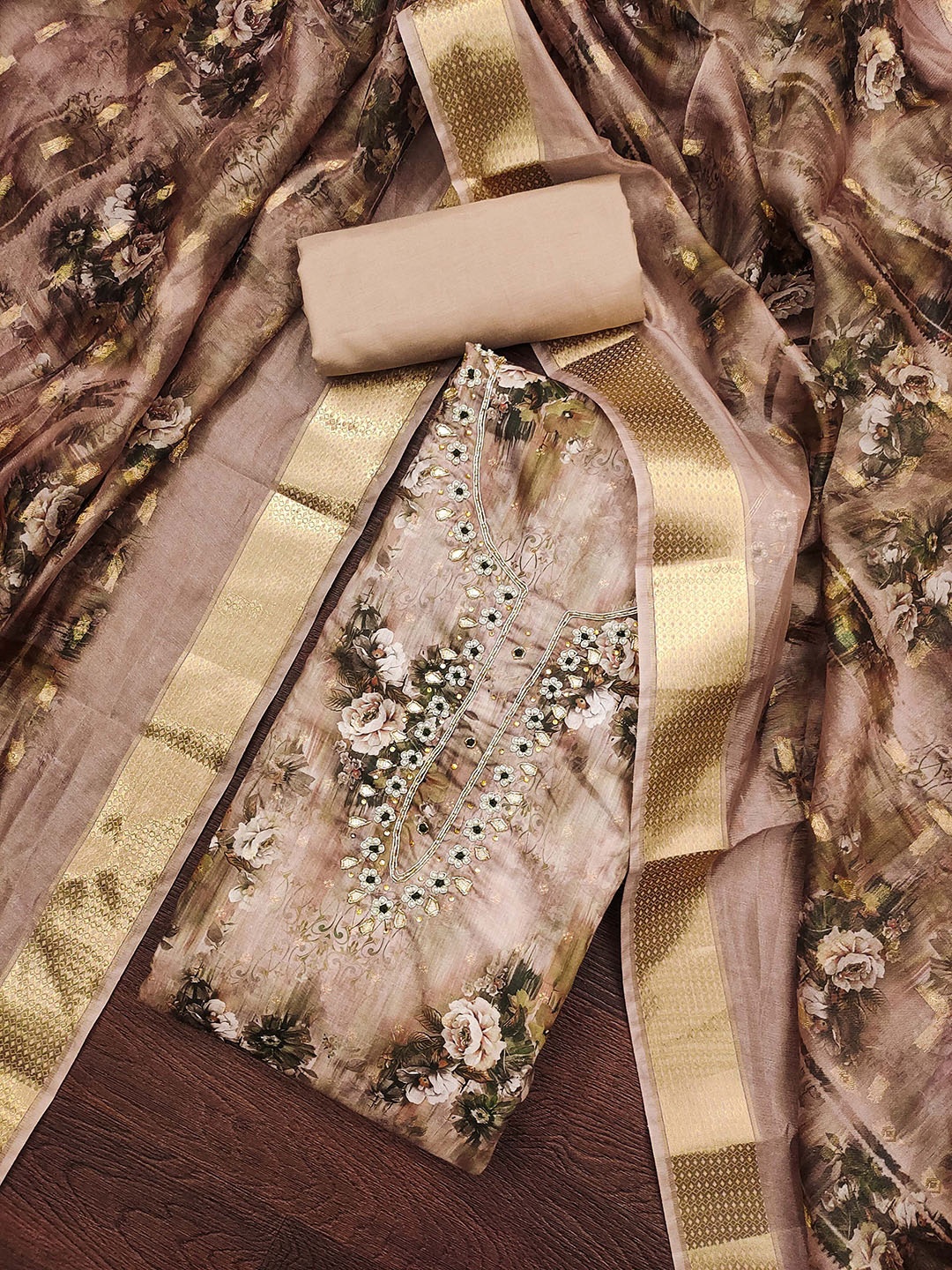 

SAINOOR Floral Embroidered Beads & Stones Unstitched Dress Material, Brown