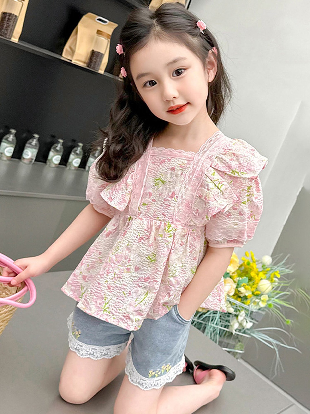 

LULU & SKY Floral Print Puff Sleeve Cotton Top, Pink