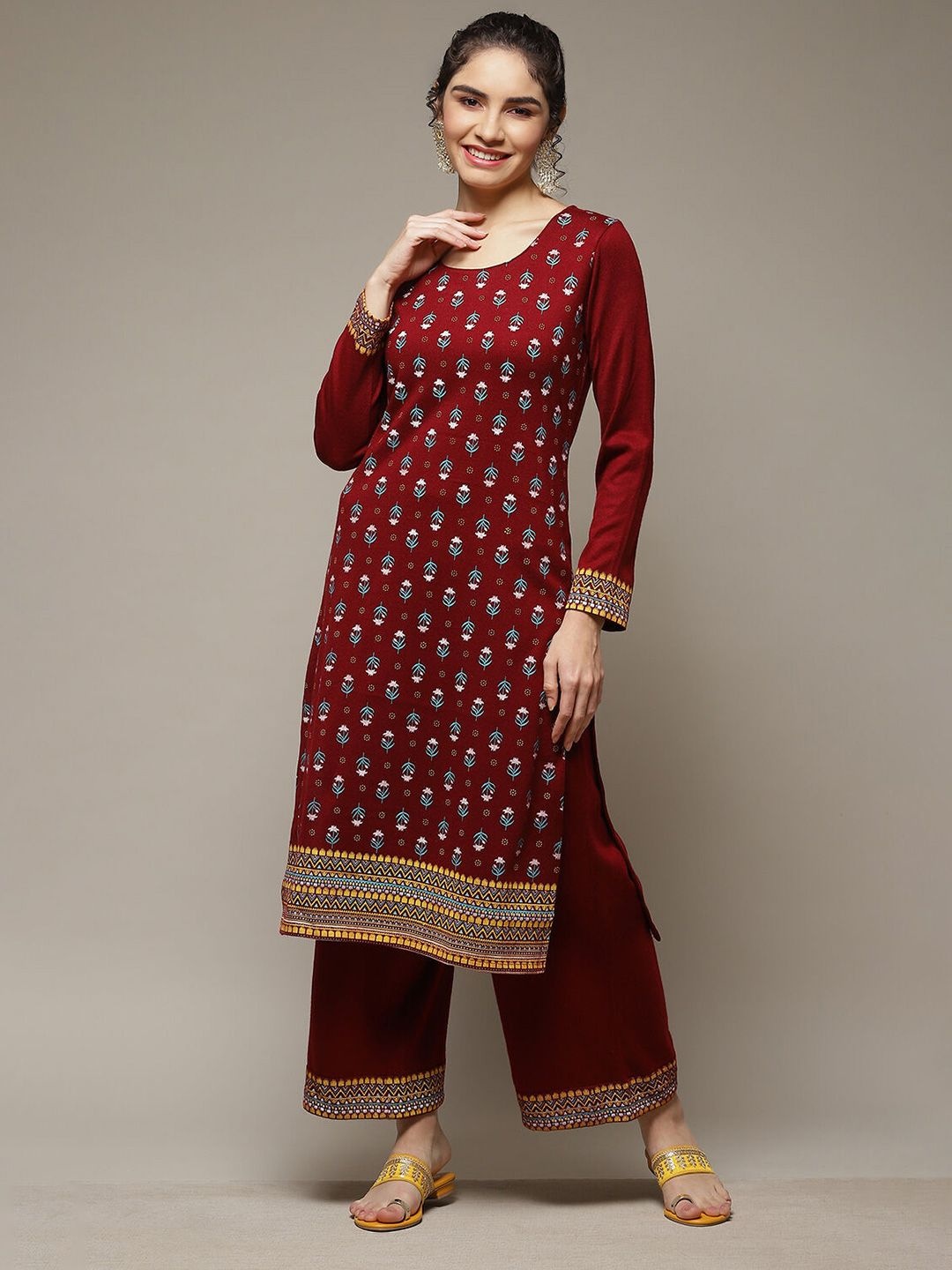 

Rangriti Women Ethnic Motifs Embroidered Knitted Ethnic Palazzos, Maroon