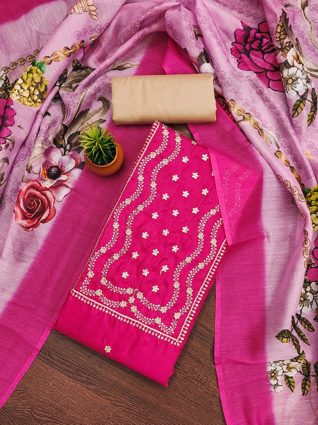 

MANVAA Embellished Unstitched Dress Material, Pink