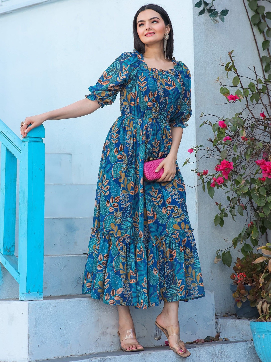 

Raiyani Enterprise Floral Print Crepe Fit & Flare Maxi Dress, Blue