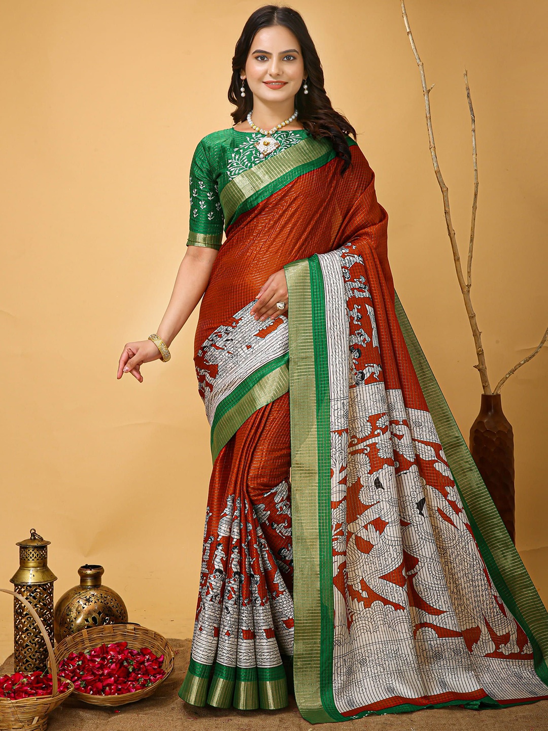 

V3 FASHION STUDIO Ethnic Motifs Zari Art Silk Saree, Orange
