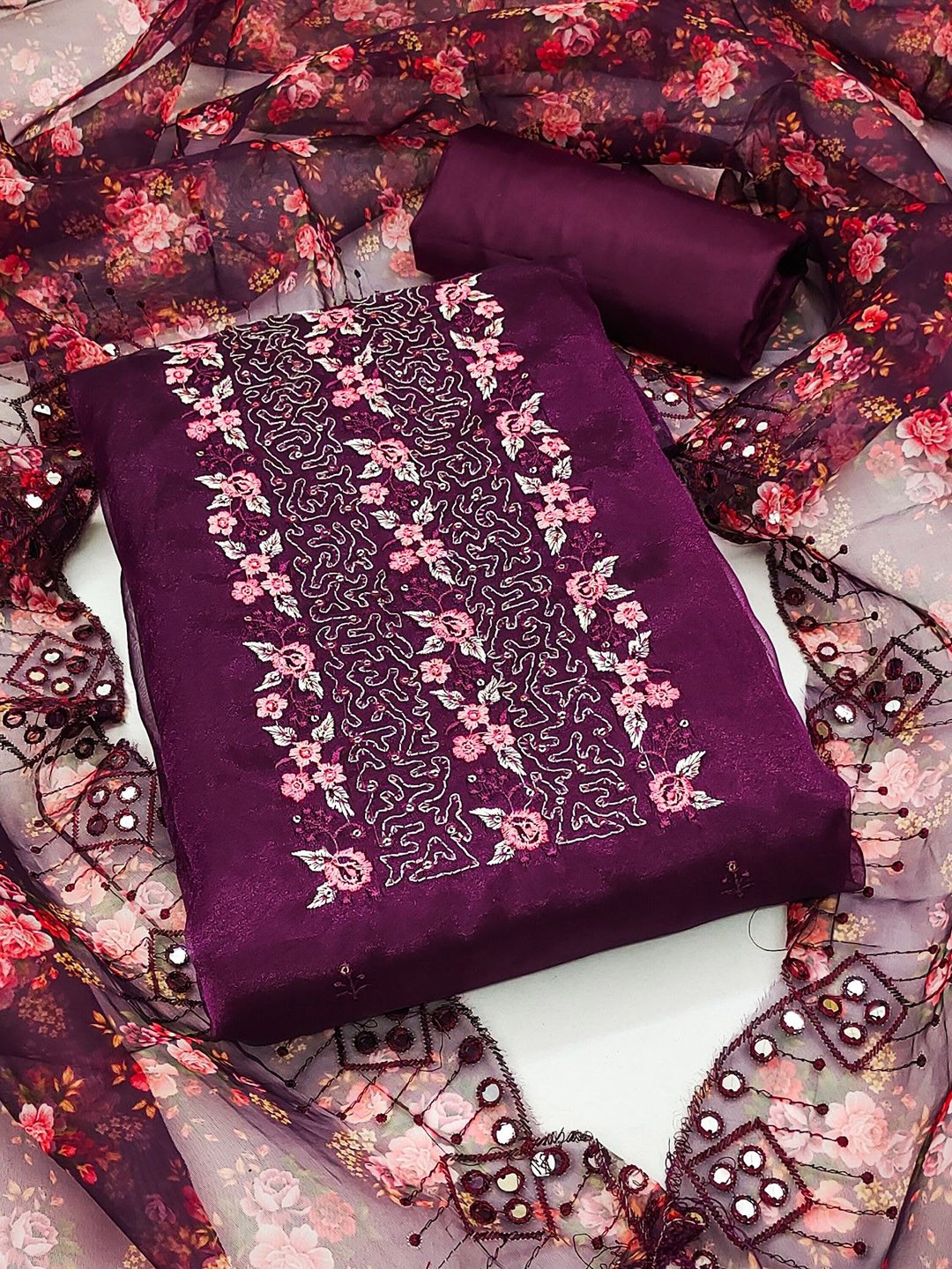 

Rangtulika Floral Embroidered Organza Unstitched Dress Material, Purple