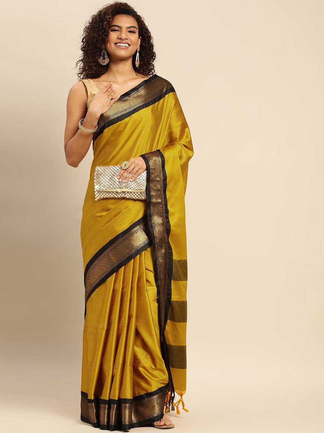 

SILKWEAR Zari Silk Cotton Kanjeevaram Saree, Mustard