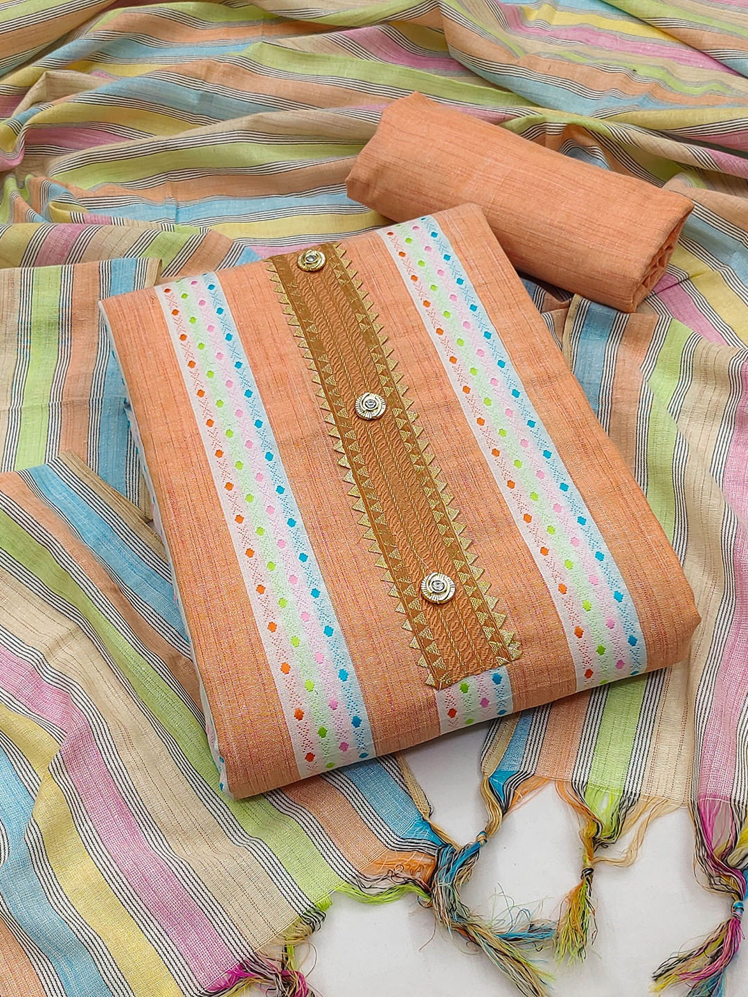 

SAINOOR Striped Thread Work Unstitched Dress Material, Orange