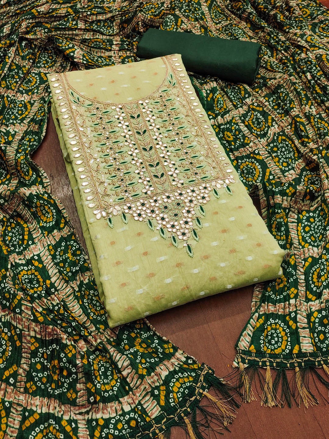 

Rangtulika Woven Design Jacquard Unstitched Dress Material, Green
