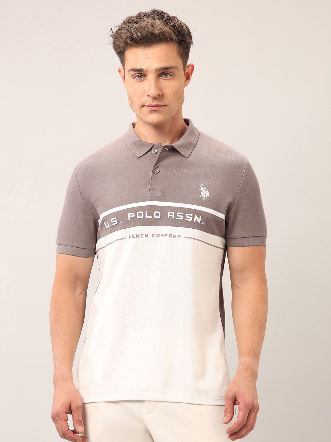 

U.S. Polo Assn. Denim Co. Men Brand Logo Colourblocked Polo Collar Pockets Slim Fit T-shirt, White