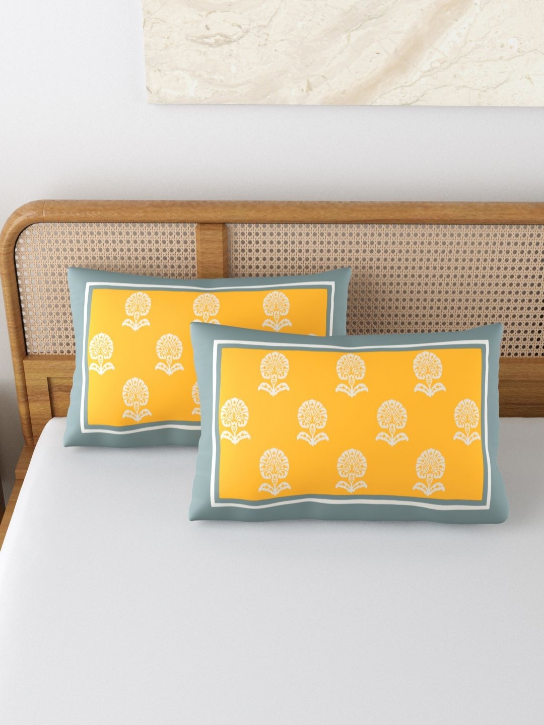 

BLOCKS OF INDIA Yellow & White 2 Pieces Printed Pure Cotton Rectangle Pillow Covers