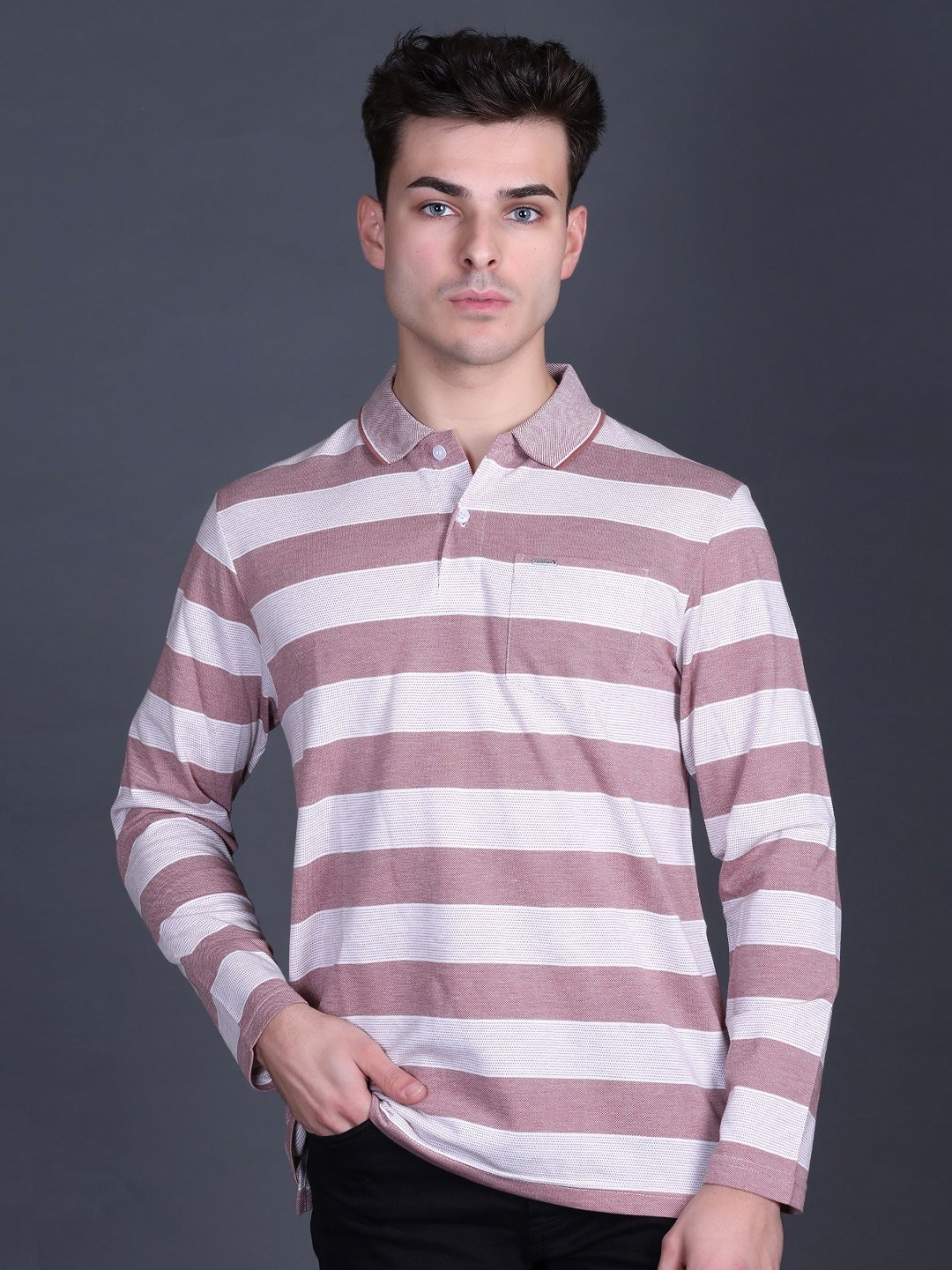 

GODFREY Men Striped Polo Collar T-shirt, Brown