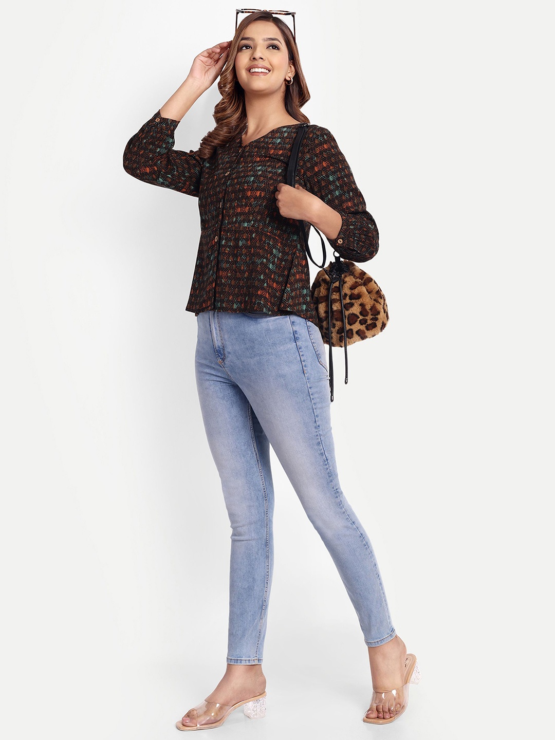 

Suha Printed V Neck Top, Brown