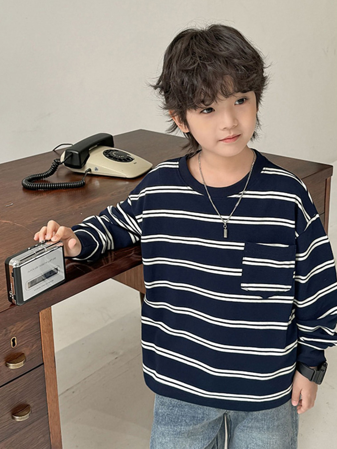 

LULU & SKY Boys Striped Round Neck Cotton Relaxed Fit T-shirt, Navy blue