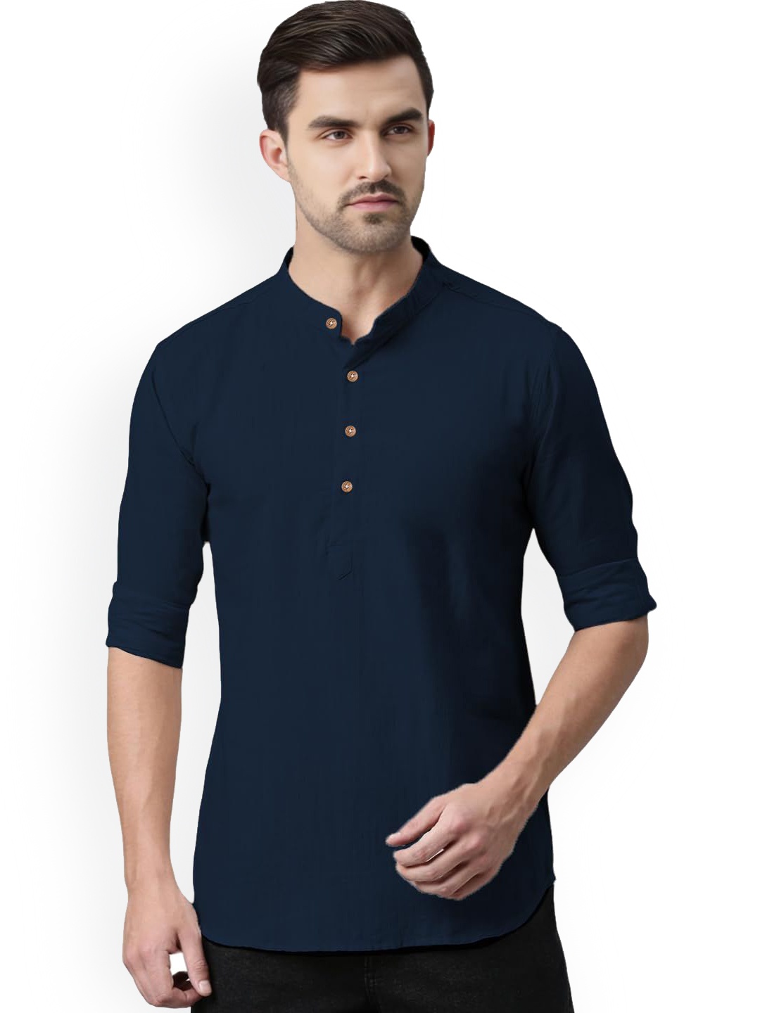 

univibe Band Collar Rolled-Up Sleeves Pure Cotton Slim Fit Kurta, Navy blue