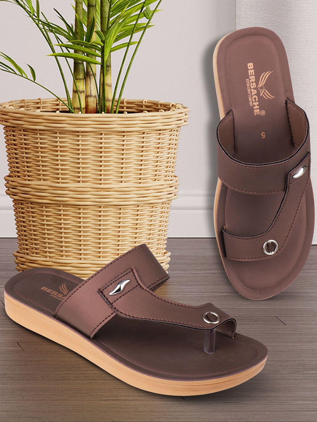 

BERSACHE Women Set Of 2 One Toe Flats, Brown