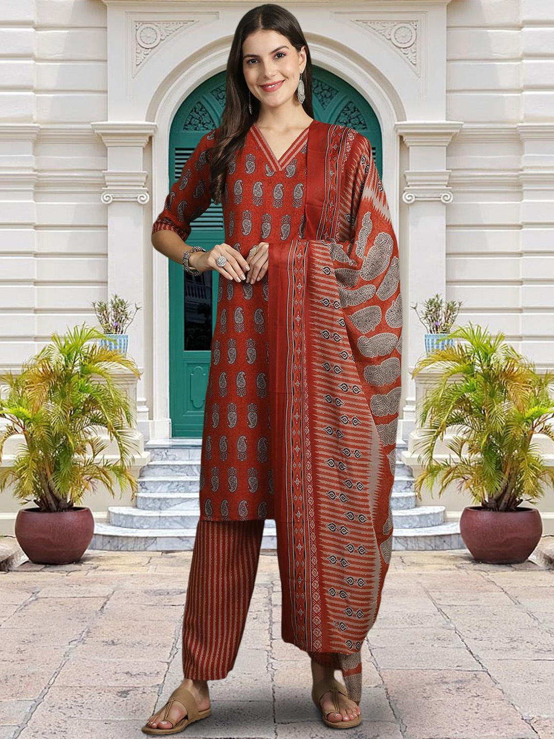 

Moda Rapido Ethnic Motifs Printed Straight Kurta with Trouser & Dupatta, Red