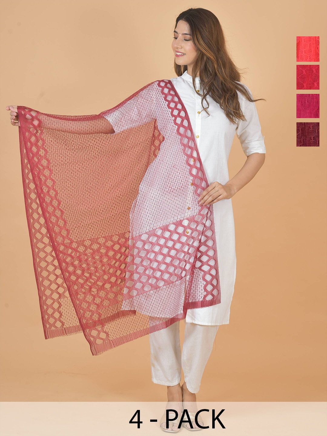 

LA FEMINAE Selection Of 4 Geometric Woven Design Dupatta, Pink