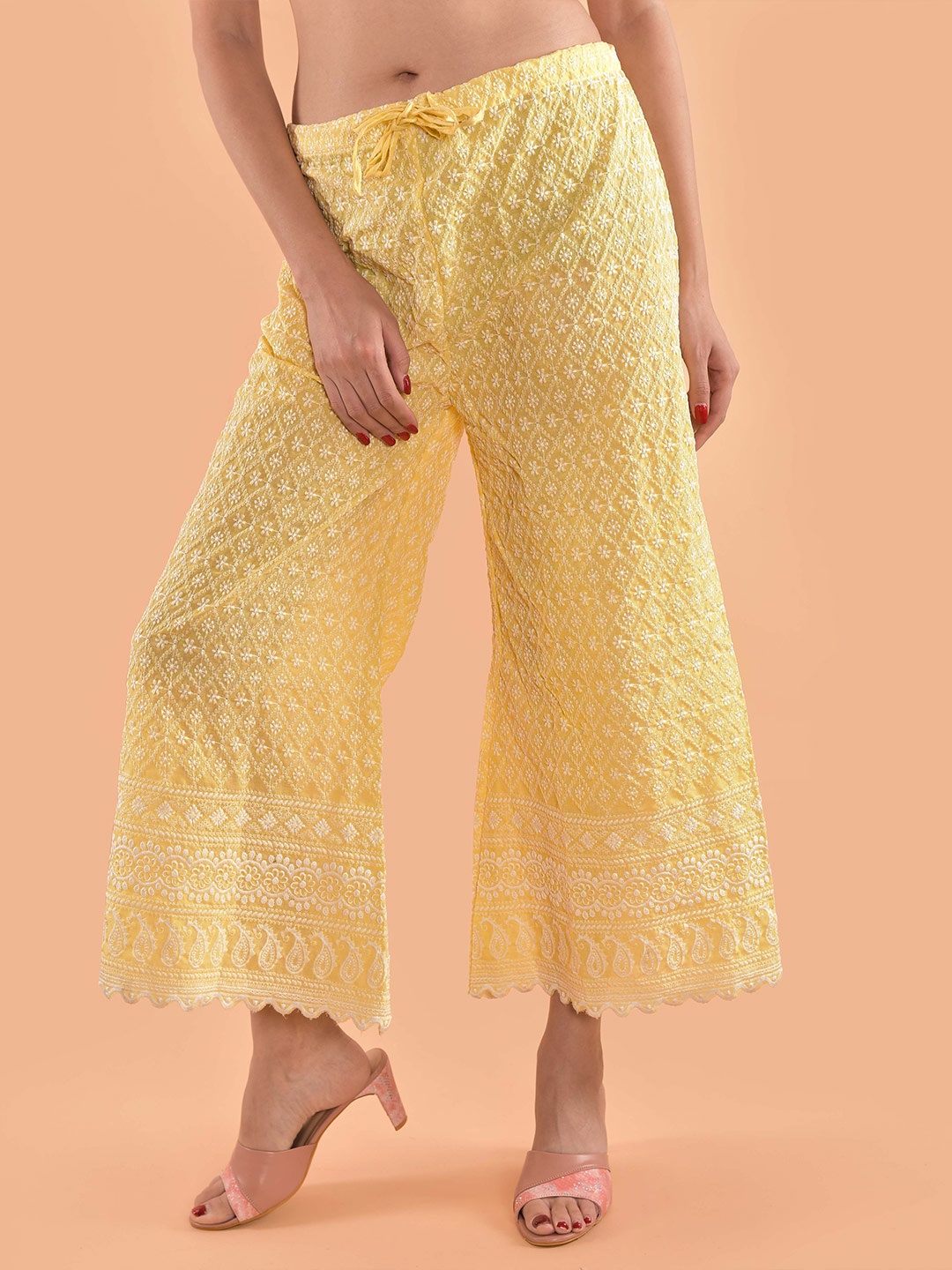 

LILY BUDS Women Floral Embroidered Lace Palazzos, Yellow