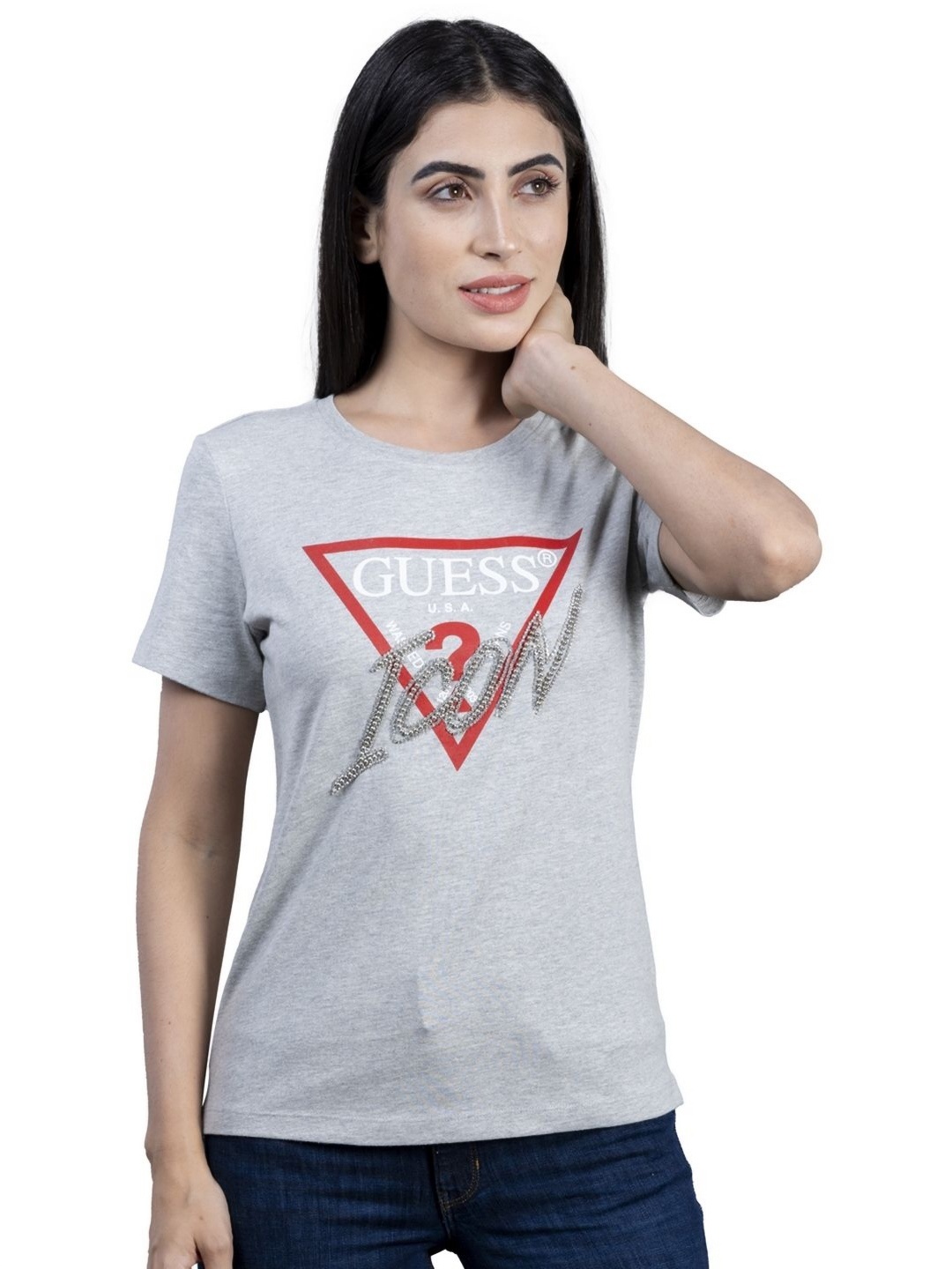 

GUESS Women Typography Printed Round Neck Cotton T-shirt, Grey