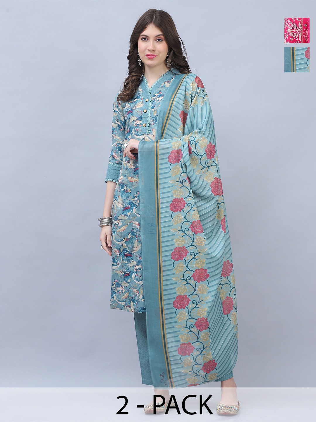 

Rajnandini Selection Of 2 Floral Printed Straight Kurta with Trouser & Dupatta, Turquoise blue