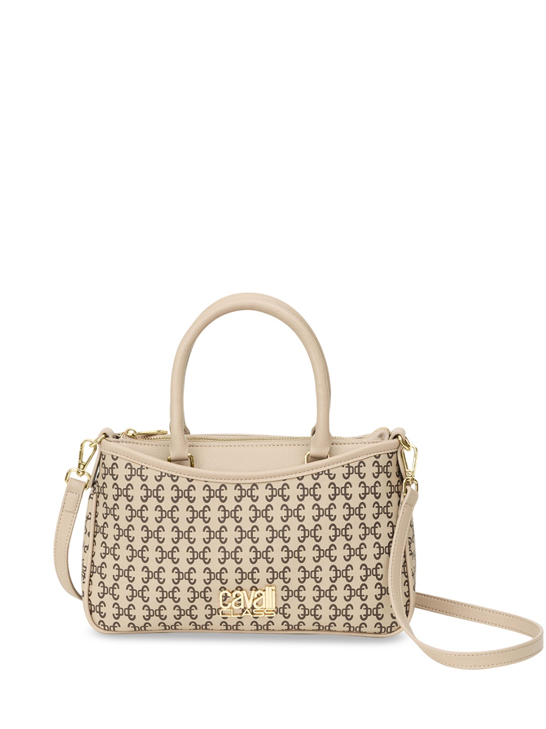 

Cavalli Class Printed Structured Satchel with Applique, Beige
