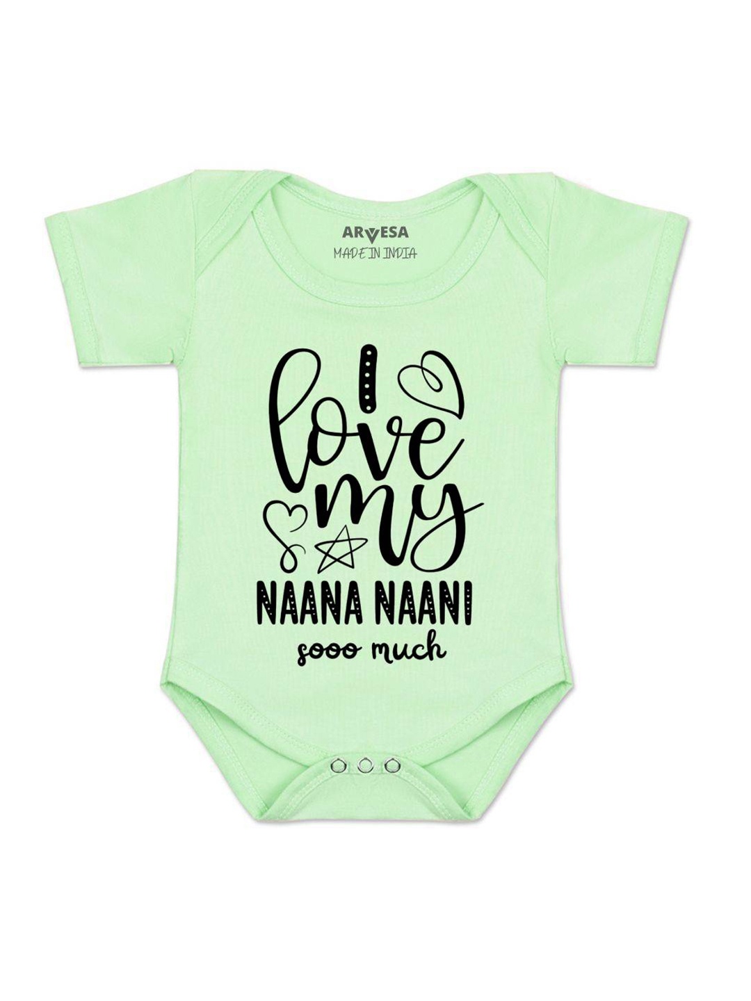 

Arvesa Kids I Love My Nana Nani So Much Printed Envelope Neck Short Neck Romper, Green