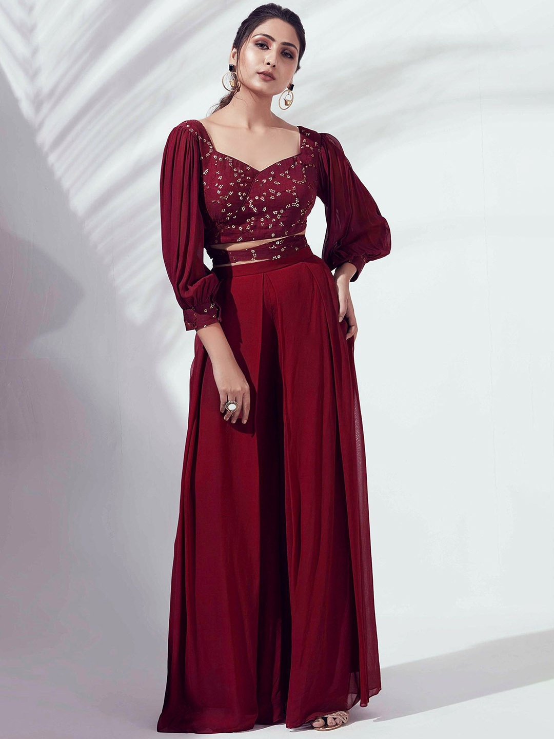 

SANCIA Ethnic Motifs Embroidered Sequinned Top with Palazzos, Maroon