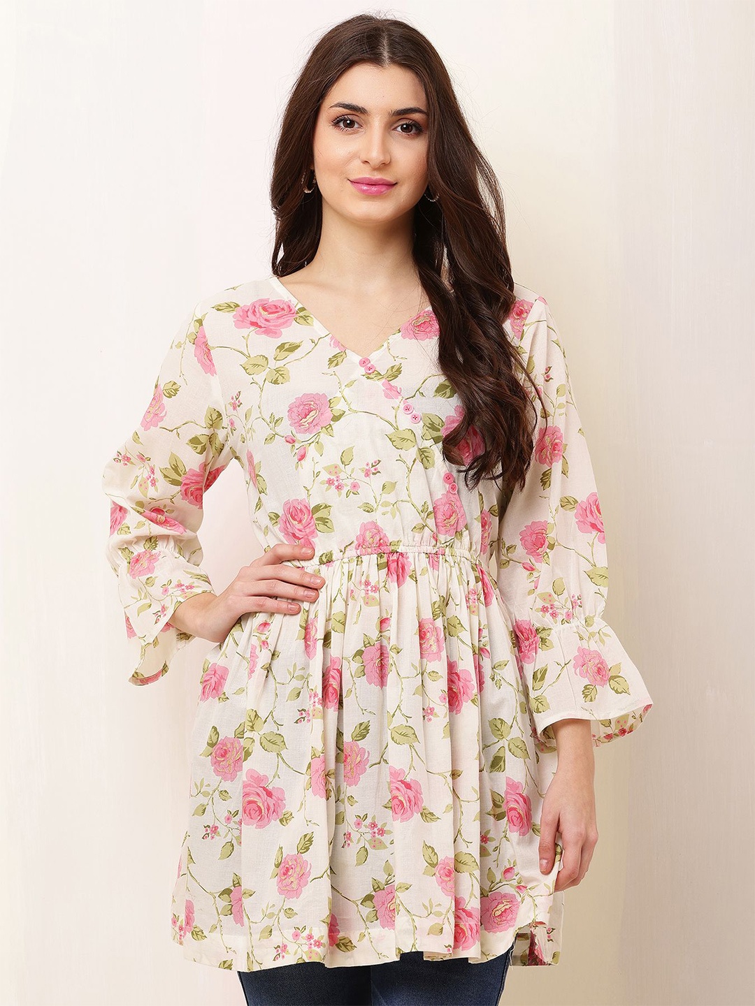 

HELLO DESIGN Floral Print Bell Sleeve Cotton Empire Top, White