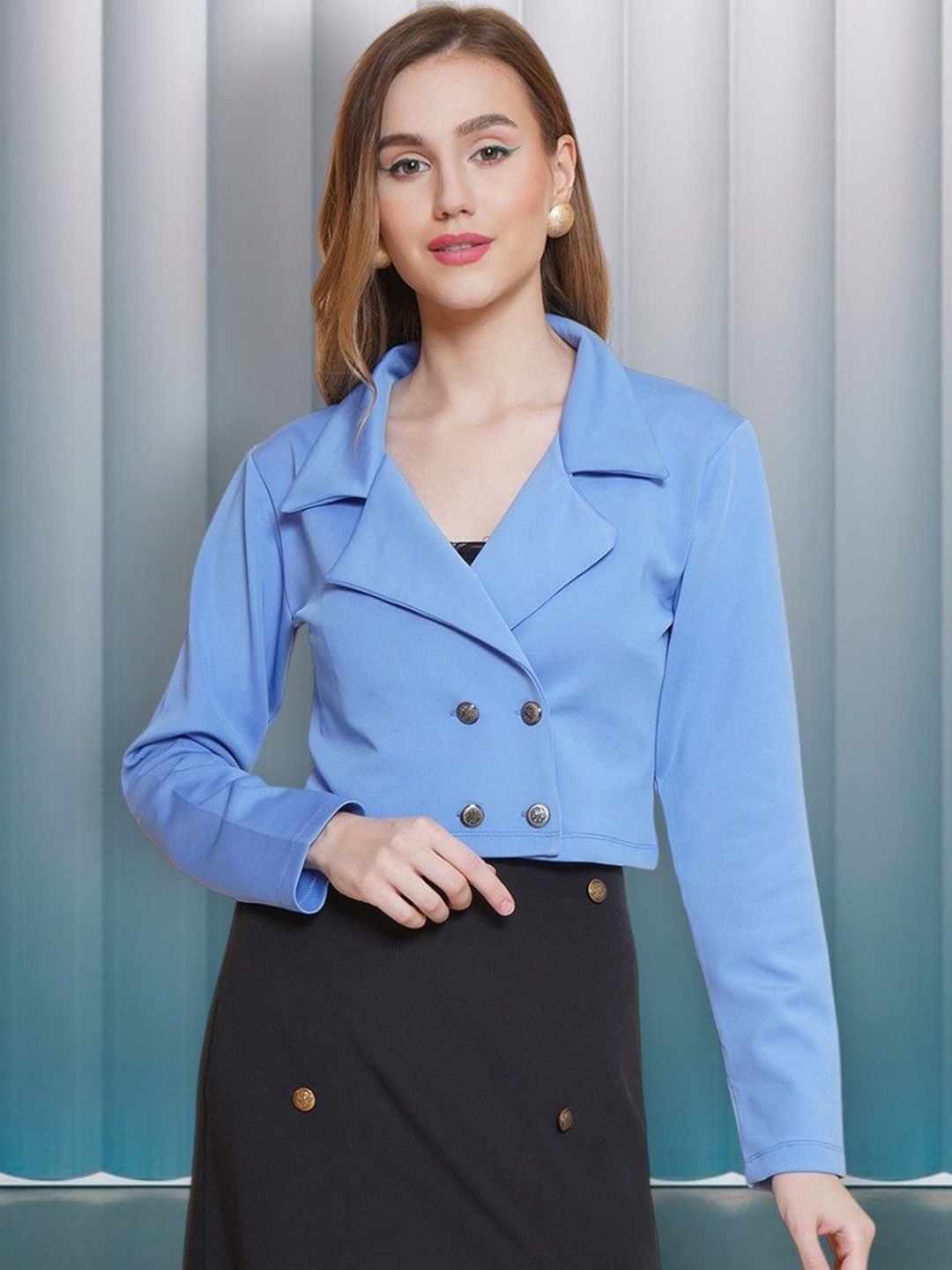 

KATLINE Relaxed-Fit Double-Breasted Notched Lapel Collar Long Sleeves Blazer, Blue