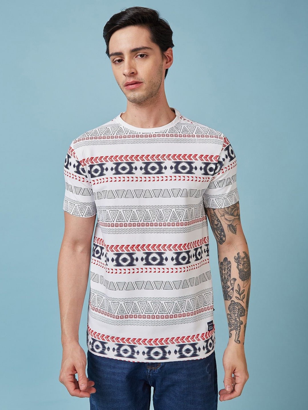 

Status Quo Men Geometric Printed Round Neck Regular Fit T-shirt, White