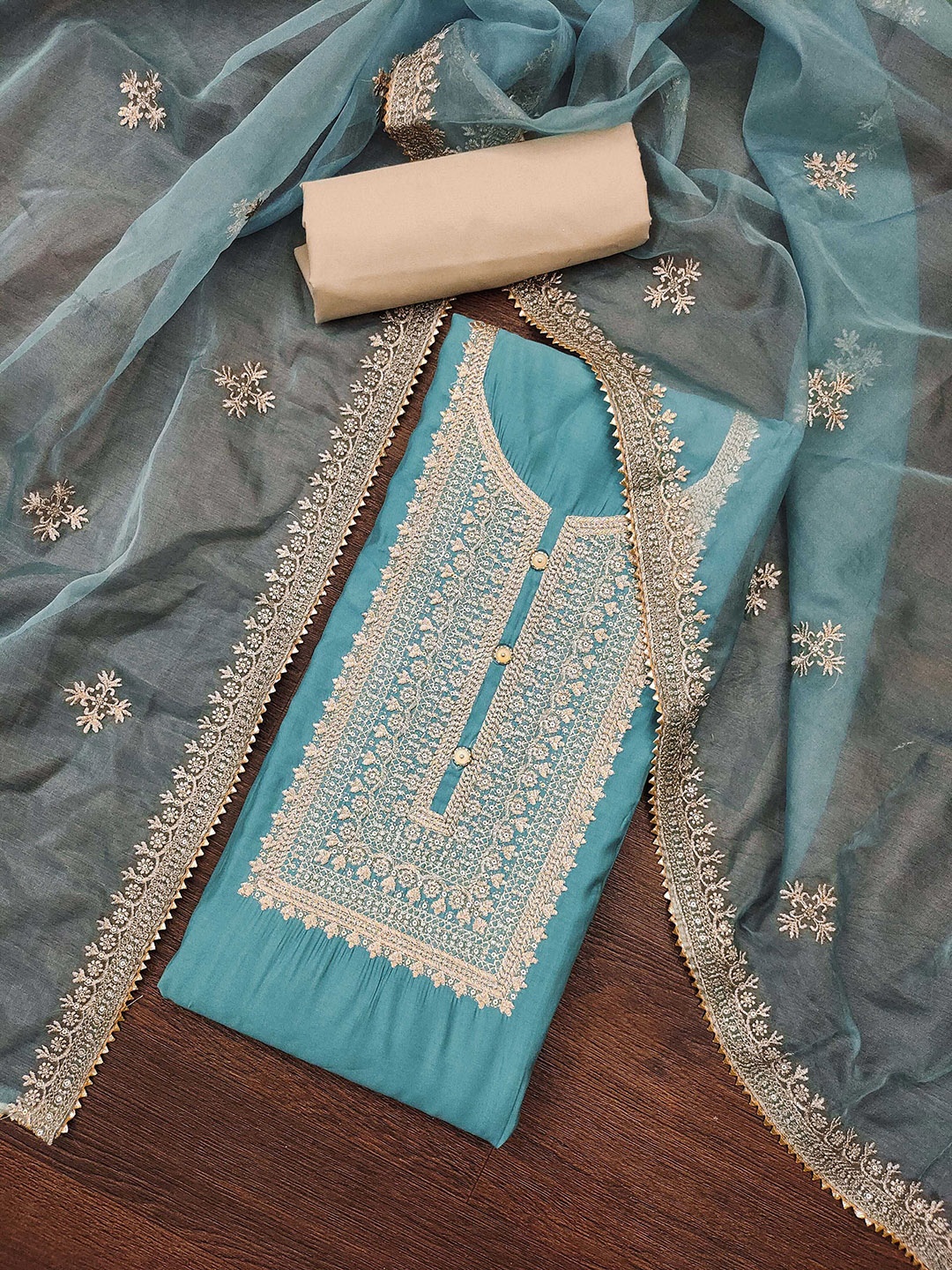 

SAINOOR Embroidered Pure Silk Semi-Stitched Dress Material, Sea green
