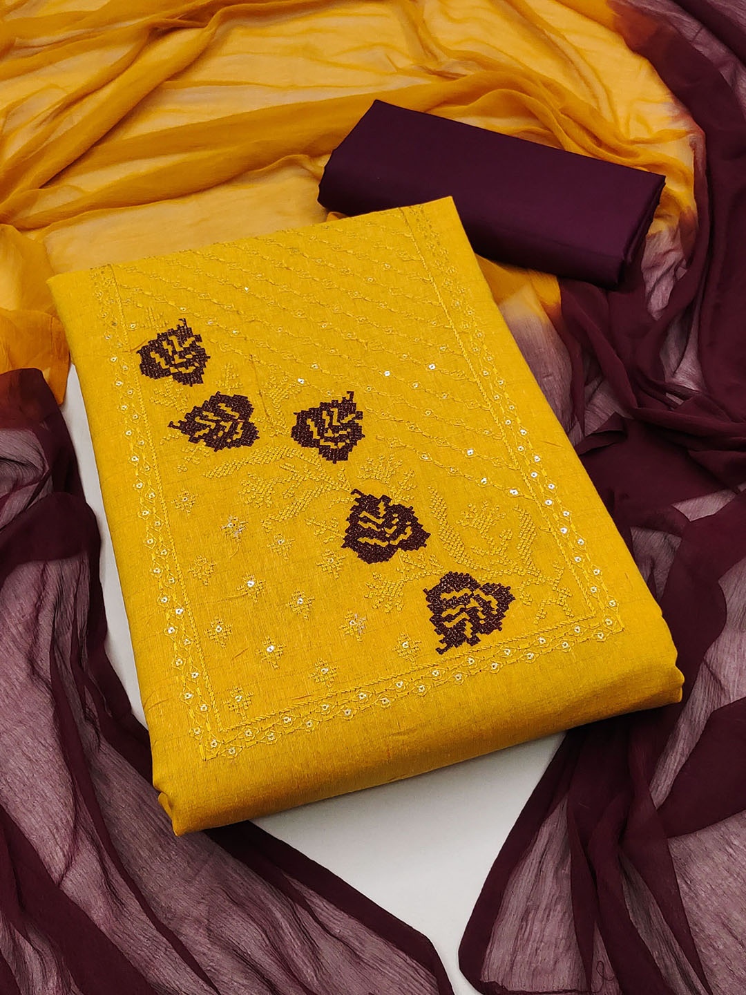 

SAINOOR Floral Embroidered Pure Cotton Semi-Stitched Dress Material, Yellow