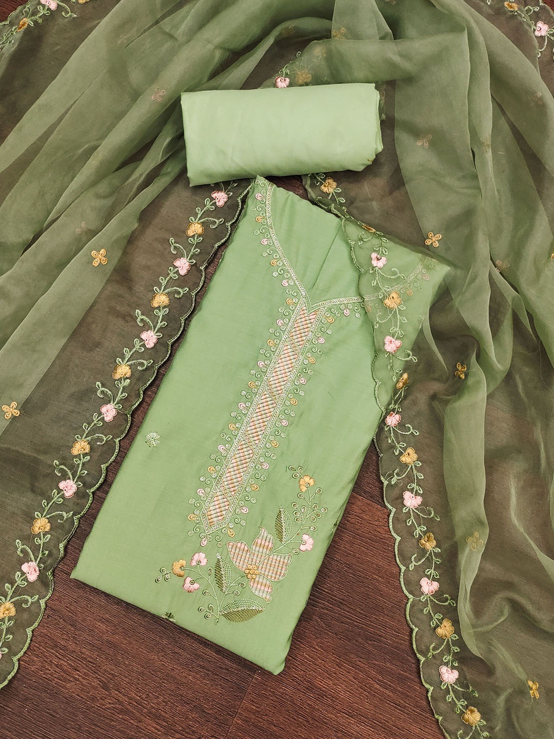 

MANVAA Embellished Unstitched Dress Material, Lime green