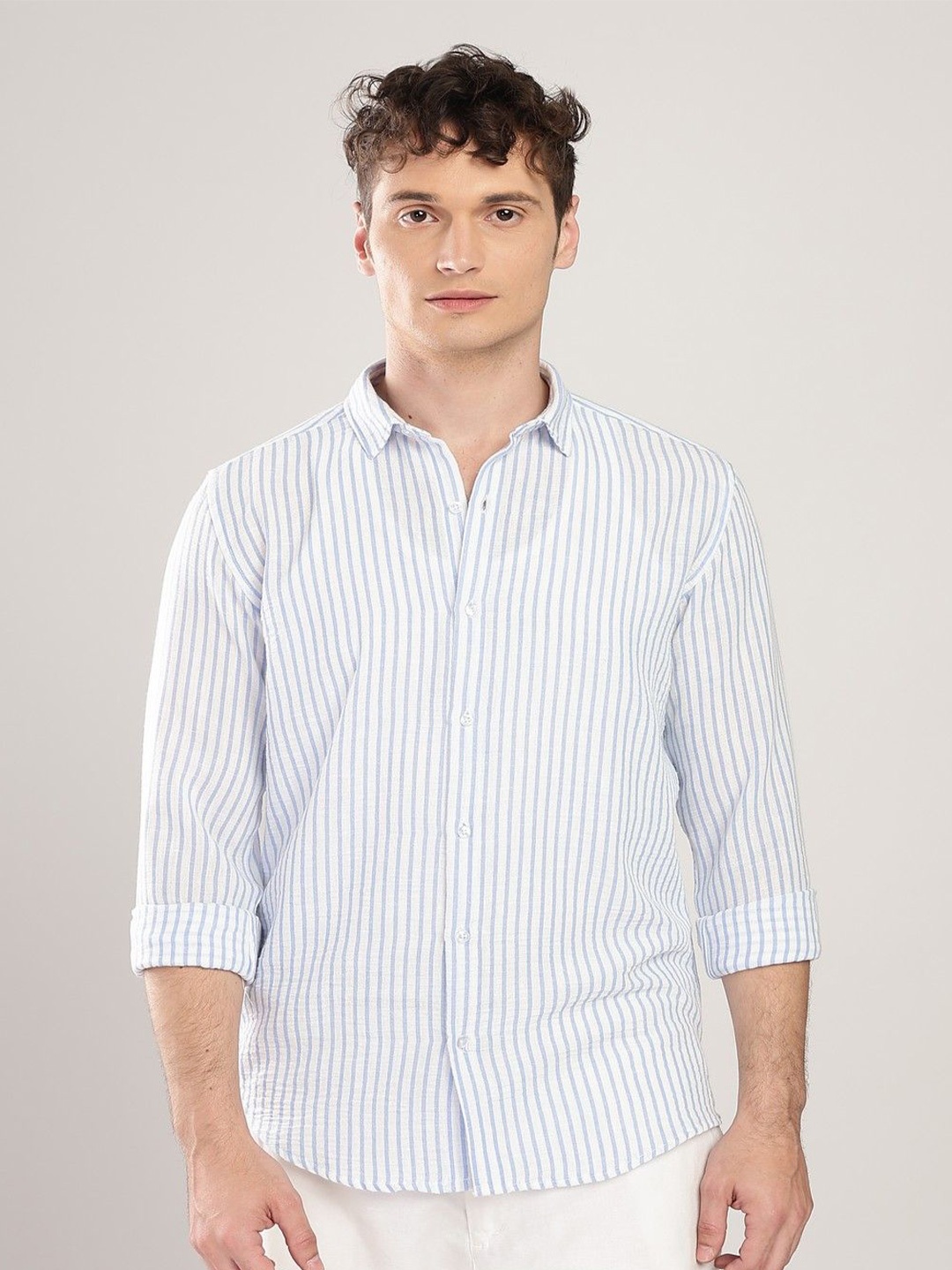 

THE BEETEL HOUSE Men Linen Like Lining Regular Slim Fit Casual Shirt, Blue