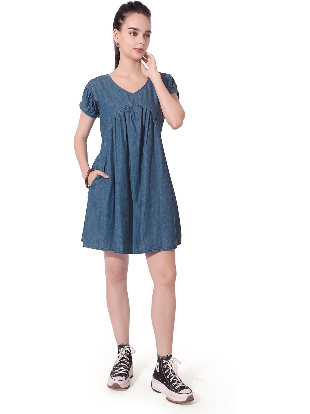 

CEFALU Puff Sleeve Denim Peplum Dress, Blue