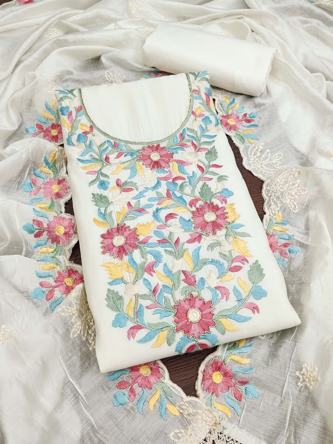 

SAINOOR Floral Embroidered Pure Silk Unstitched Dress Material, White