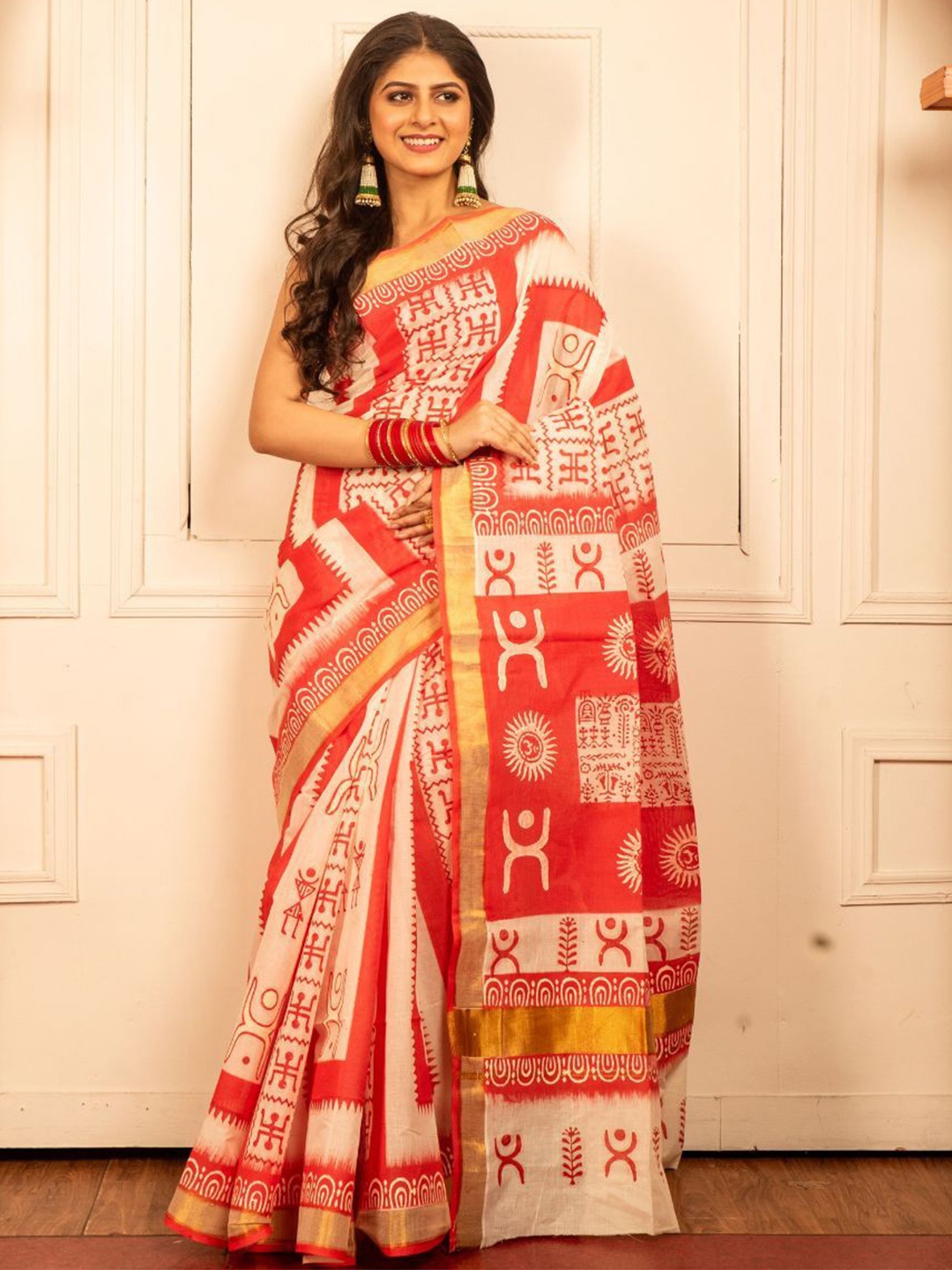 

8POURE Kalamkari Zari Pure Cotton Block Print Saree, Red