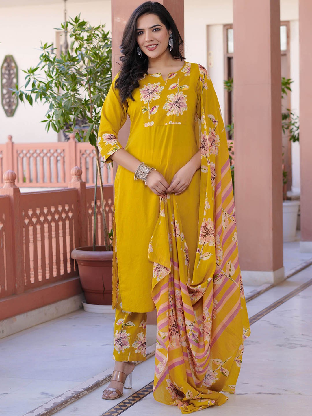 

SIGNORIA Floral Printed Sequinned Notch Neck Kurta With Trousers & Dupatta, Mustard